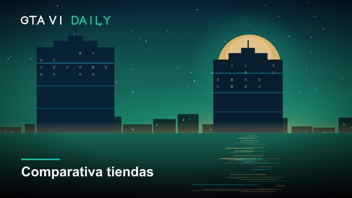 Ilustración conceptual con varias tiendas comparadas por precio y edición para reservar GTA VI