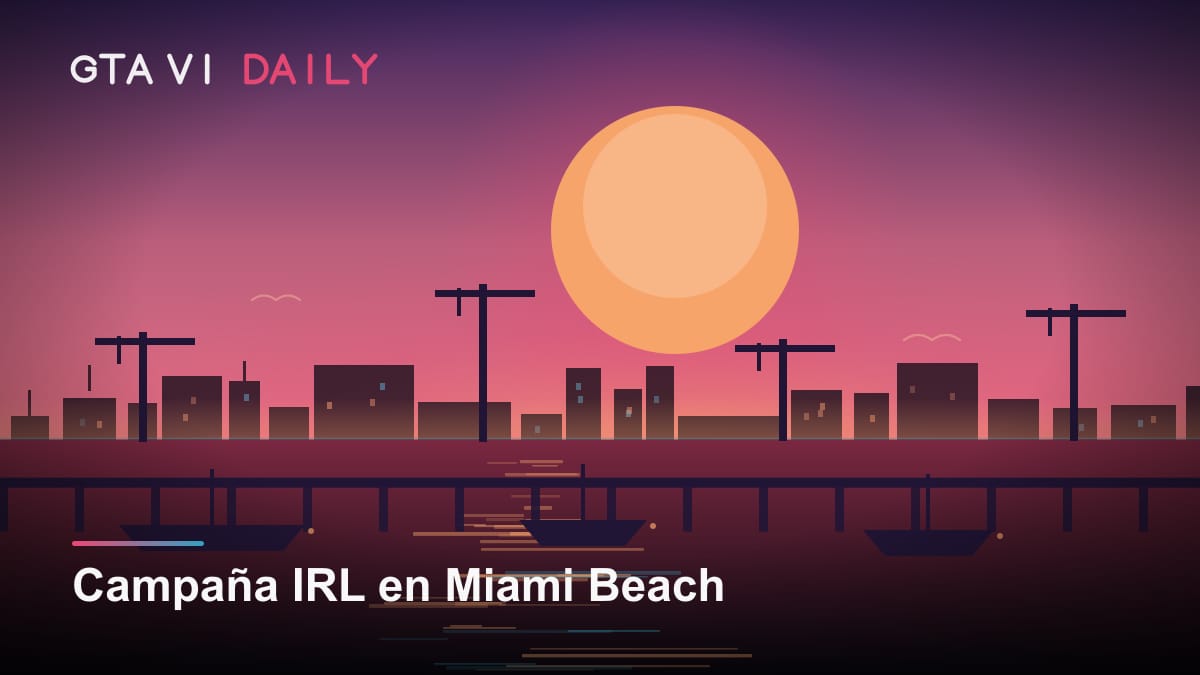 Ilustración de Miami Beach con señalización y sombrillas de la campaña de marketing de GTA VI