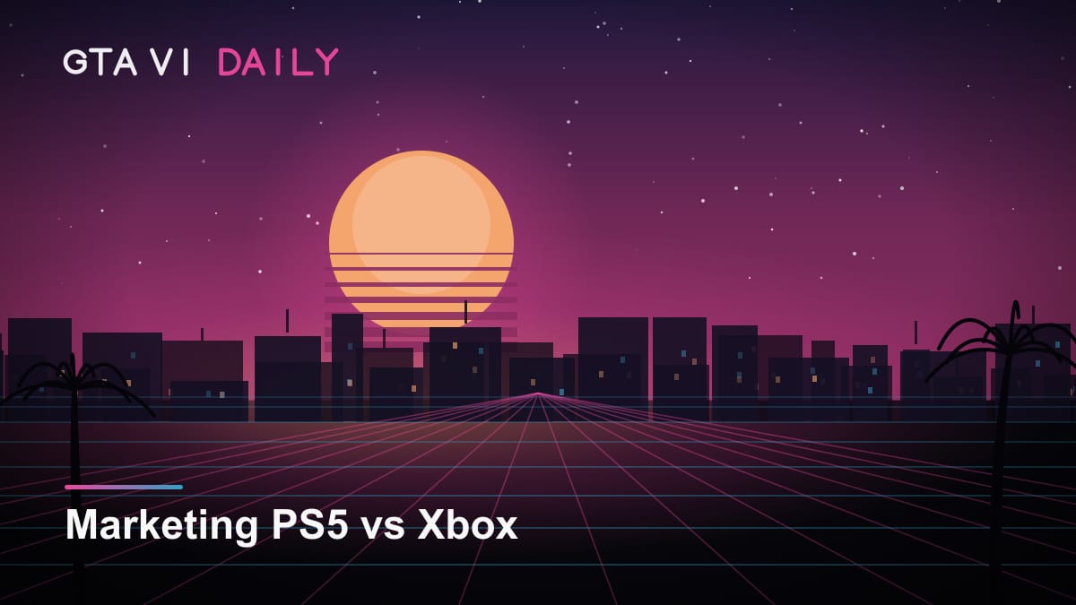 Mando DualSense de edición limitada de GTA VI junto a los logotipos de PlayStation 5 y Xbox Series X|S sobre fondo de atardecer de Vice City