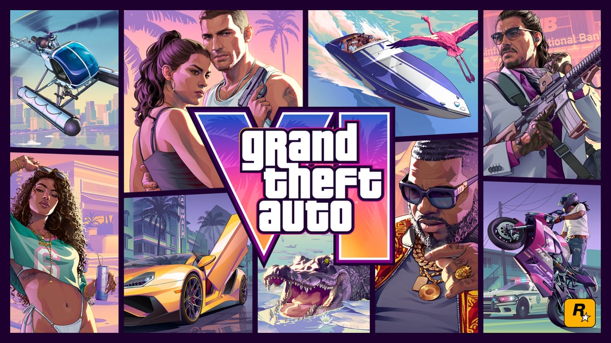 Portada oficial de GTA VI: carátula con el logotipo del juego y una composición de Jason, Lucia y escenas de Vice City
