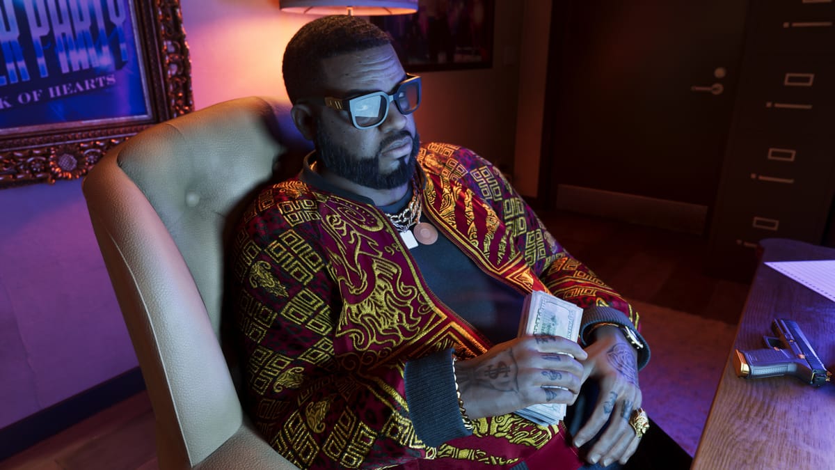 Captura de GTA VI: Boobie Ike sentado en su negocio al atardecer en un barrio de Leonida