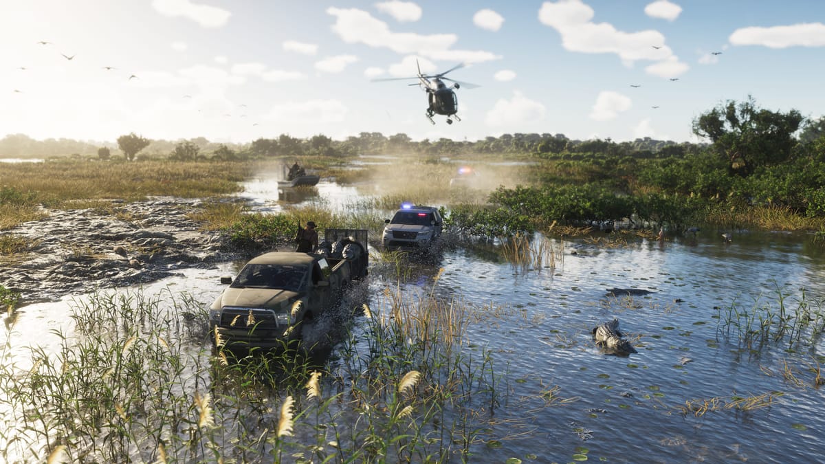 Captura de GTA VI: un aerobarco cruzando los humedales de Grassrivers con un helicóptero al fondo