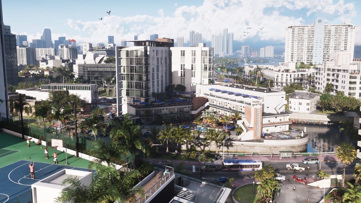 Captura aérea de GTA VI: el centro de Vice City con sus rascacielos, avenidas y canales en un día claro