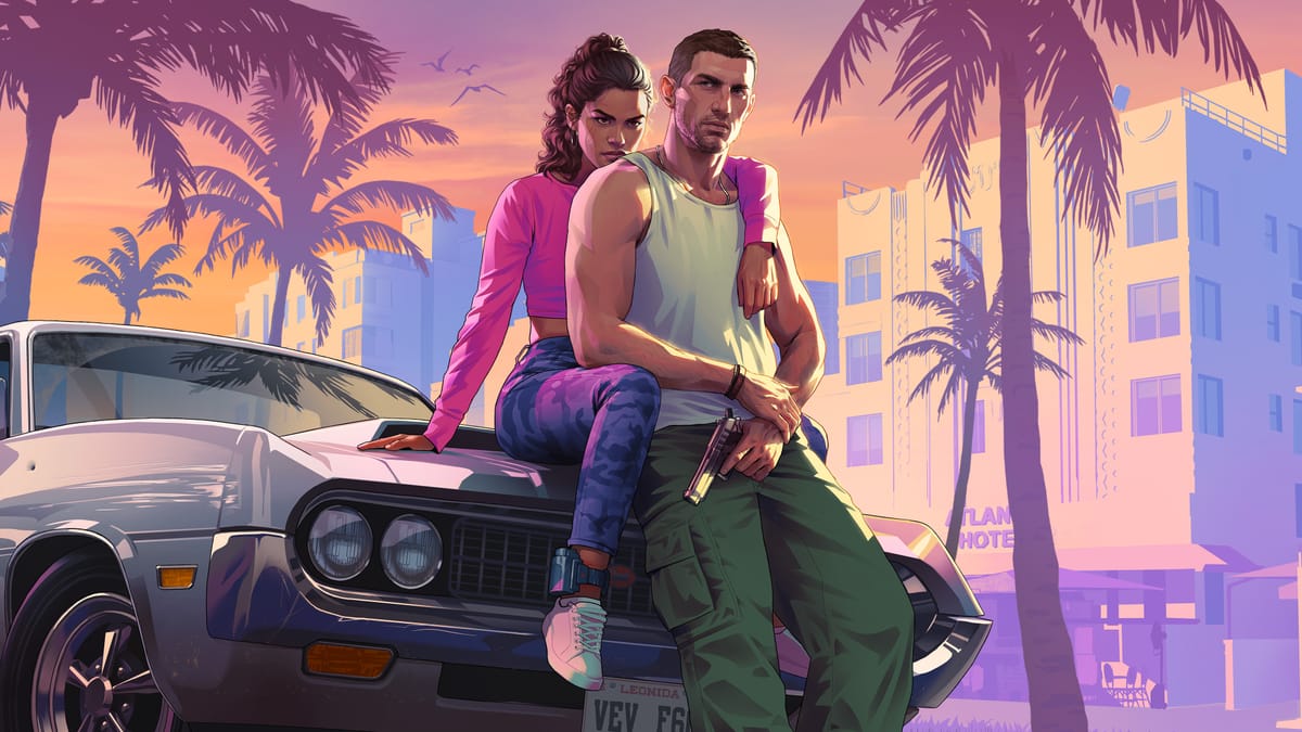 Arte oficial de GTA VI: Jason y Lucia sentados sobre el capó de un muscle car descapotable ante palmeras de Vice City
