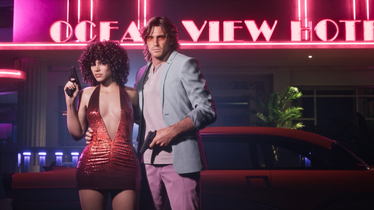 Captura del Vintage Vice City Pack: pareja con ropa retro ante el cartel de neón del Ocean View Hotel
